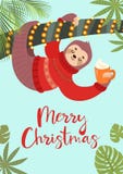 Cartolina d'auguri festiva divertente con un bradipo sveglio Illustrazione di vettore Manifesto tropicale di Natale illustrazione di stock Cartolina d'auguri festiva divertente con un bradipo sveglio Illustrazione di vettore Manifesto tropicale di Natale illustrazione di stock