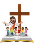 Carton open arms Jesus kids children hand in hand open bible gospel