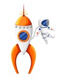 Cartoon astronaut with spacesuit near rocket in zero gravity orange and white spaceship illustration isolated on white back vector illustration Cartoon astronaut with spacesuit near rocket in zero gravity orange and white spaceship illustration isolated on white back vector illustration