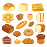 Cartoon bakery products. Toast bread, french roll and breakfast bagel. Whole grain breads, sweet bun and loaf vector royalty free illustration Cartoon bakery products. Toast bread, french roll and breakfast bagel. Whole grain breads, sweet bun and loaf vector royalty free illustration