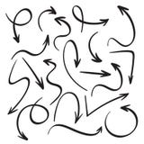 Cartoon black arrows. Hand drawn arrow sketch. Swirl, return back and direction pointer vector icons set