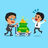 Cartoon business boss pushing bonus money trolley to businessman Royalty Free Stock Images Cartoon business boss pushing bonus money trolley to businessman Royalty Free Stock Images