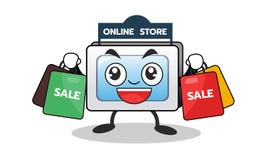 Cartoon computer mascot of online shopping with shopping sale bag. Character design. Vector illustration Stock Photography Cartoon computer mascot of online shopping with shopping sale bag. Character design. Vector illustration Stock Photography