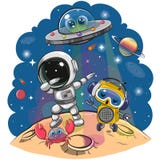 Cartoon dancing astronaut and robot