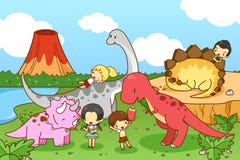 Cartoon dinosaur world of imagination with kids and children pla stock illustration Cartoon dinosaur world of imagination with kids and children pla stock illustration
