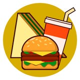 Cartoon fast food combo icon - hamburger, sandwich, soda vector illustration isolated on background Royalty Free Illustration Cartoon fast food combo icon - hamburger, sandwich, soda vector illustration isolated on background Royalty Free Illustration