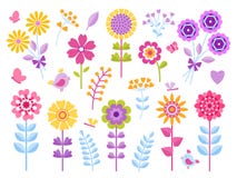 Cartoon flower stickers. Cute butterflies bugs and birds kid clip art, summer garden pretty retro set. Vector floral