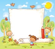 Cartoon frame with three kids outdoors