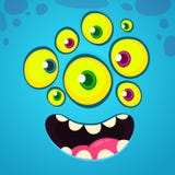 Cartoon funny and cool face with many eyes. Vector Halloween blue monster avatar with wide smile vector illustration Cartoon funny and cool face with many eyes. Vector Halloween blue monster avatar with wide smile vector illustration