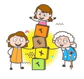 Cartoon Granny with Kids Playing Blocks Game Vector Illustration stock illustration Cartoon Granny with Kids Playing Blocks Game Vector Illustration stock illustration
