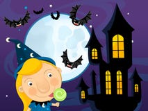 Cartoon halloween scene with bats castle amd wizard stock illustration Cartoon halloween scene with bats castle amd wizard stock illustration