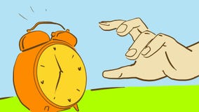 Cartoon Hand Reaches For A Ringing Alarm Clock to turn it off Stock Photo Cartoon Hand Reaches For A Ringing Alarm Clock to turn it off Stock Photo