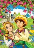 Cartoon happy couple talking in the garden full of roses Royalty Free Stock Images Cartoon happy couple talking in the garden full of roses Royalty Free Stock Images