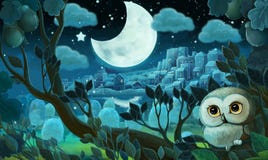 Cartoon image with forest by night - illustration for kids