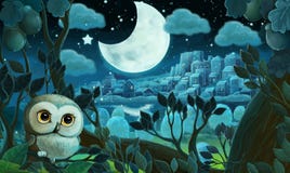 Cartoon image with forest by night - illustration for kids