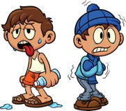 Cartoon kid in hot and cold weather