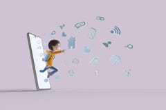 Cartoon kid, social media and web icons jumping out of a mobile phone.