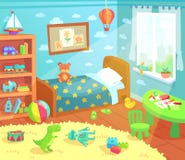 Cartoon kids bedroom interior. Home childrens room with kid bed, child toys and light from window vector illustration