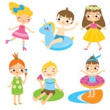 Cartoon kids set. Children having summer holidays fun and outdoor activity Royalty Free Stock Images Cartoon kids set. Children having summer holidays fun and outdoor activity Royalty Free Stock Images