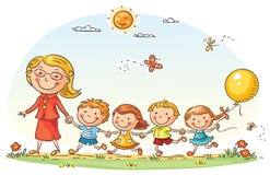 Cartoon Kids and their Teacher Outdoors stock illustration Cartoon Kids and their Teacher Outdoors stock illustration