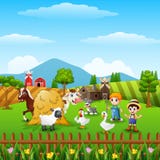 Cartoon little farmers with animals at the farm Stock Image Cartoon little farmers with animals at the farm Stock Image