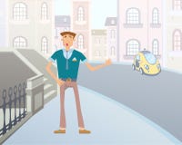 Cartoon man catches a taxi on a city street. Vector illustration. vector illustration Cartoon man catches a taxi on a city street. Vector illustration. vector illustration