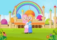 Cartoon Muslim girl hugging in front of a mosque stock illustration Cartoon Muslim girl hugging in front of a mosque stock illustration