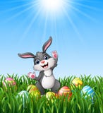 Cartoon rabbit with easter eggs in the grass. Illustration of Cartoon rabbit with easter eggs in the grass royalty free illustration Cartoon rabbit with easter eggs in the grass. Illustration of Cartoon rabbit with easter eggs in the grass royalty free illustration