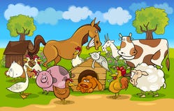 Cartoon rural scene with farm animals