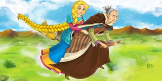 Cartoon scene of a witch flying with a young girl on a broom stock illustration Cartoon scene of a witch flying with a young girl on a broom stock illustration