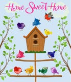 Cartoon set of different colorful birds near birdhouse isolated on blue background in flat style. Vector illustration. royalty free illustration Cartoon set of different colorful birds near birdhouse isolated on blue background in flat style. Vector illustration. royalty free illustration
