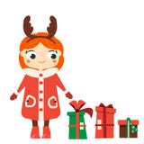 Cartoon smiling girl character wearing Christmas horns headband. Kid standing with new year gift boxes. R. Vector illustration for winter holidays, children stock illustration Cartoon smiling girl character wearing Christmas horns headband. Kid standing with new year gift boxes. R. Vector illustration for winter holidays, children stock illustration