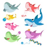 Cartoon Style Cute Sharks Family Set Royalty Free Stock Images