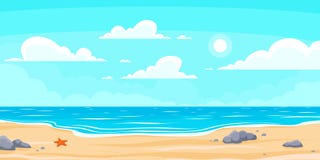 Cartoon summer beach. Paradise nature vacation, ocean or sea seashore. Seaside landscape vector background illustration