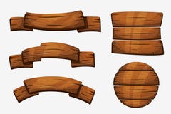 Cartoon wooden plank signs. Wood banner elements isolated on white background stock illustration Cartoon wooden plank signs. Wood banner elements isolated on white background stock illustration