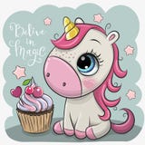 Cartoonleenhoorn met cupcake op een blauwe achtergrond vector illustratie Cartoonleenhoorn met cupcake op een blauwe achtergrond vector illustratie