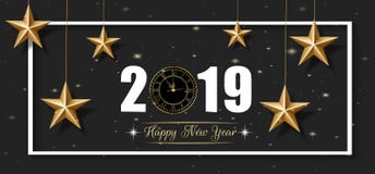 Cartão de 2019 anos novos felizes e de Feliz Natal com estrela e o pulso de disparo dourados ilustração do vetor Cartão de 2019 anos novos felizes e de Feliz Natal com estrela e o pulso de disparo dourados ilustração do vetor