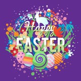 Cartão feliz colorido da Páscoa com composição dos ovos das flores e dos elementos do coelho ilustração stock Cartão feliz colorido da Páscoa com composição dos ovos das flores e dos elementos do coelho ilustração stock