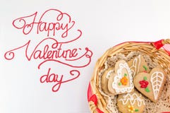 Cartão feliz da caligrafia do dia de Valentim com cookies foto de stock Cartão feliz da caligrafia do dia de Valentim com cookies foto de stock