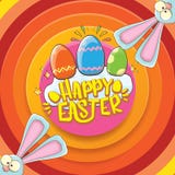 Cartão feliz de easter com coelho, texto caligráfico, nuvens, arco-íris e ovos da páscoa da cor crianças de easter do vetor Imagens de Stock Royalty Free Cartão feliz de easter com coelho, texto caligráfico, nuvens, arco-íris e ovos da páscoa da cor crianças de easter do vetor Imagens de Stock Royalty Free