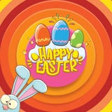 Cartão feliz de easter com coelho, texto caligráfico, nuvens, arco-íris e ovos da páscoa da cor crianças de easter do vetor Imagem de Stock Cartão feliz de easter com coelho, texto caligráfico, nuvens, arco-íris e ovos da páscoa da cor crianças de easter do vetor Imagem de Stock