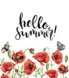 Cartão floral da aquarela com olá! rotulação do verão Pintado à mão ilustração do vetor Cartão floral da aquarela com olá! rotulação do verão Pintado à mão ilustração do vetor