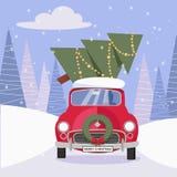 Cartão no estilo liso dos desenhos animados com o carro vermelho bonito decorado com grinalda do Natal que leva a casa da árvore ilustração royalty free Cartão no estilo liso dos desenhos animados com o carro vermelho bonito decorado com grinalda do Natal que leva a casa da árvore ilustração royalty free