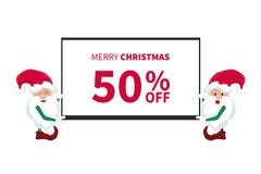 Cartão relativo à promoção do desconto com os duendes pequenos de Papai Noel com uma tevê ilustração do vetor Cartão relativo à promoção do desconto com os duendes pequenos de Papai Noel com uma tevê ilustração do vetor