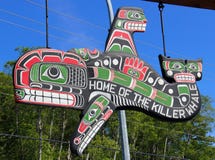 Carved sign Home of the Killer Whale, Alert Bay, BC stock images Carved sign Home of the Killer Whale, Alert Bay, BC stock images