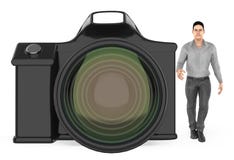 caráter 3d, homem e uma câmera ilustração stock caráter 3d, homem e uma câmera ilustração stock