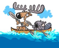 Caráteres amigáveis dos alces e do castor dos desenhos animados na canoa ilustração royalty free Caráteres amigáveis dos alces e do castor dos desenhos animados na canoa ilustração royalty free