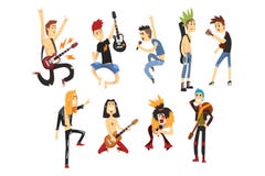 Caráteres dos artistas da rocha dos desenhos animados que cantam e que jogam em instrumentos musicais Indivíduos com cortes de ca ilustração do vetor Caráteres dos artistas da rocha dos desenhos animados que cantam e que jogam em instrumentos musicais Indivíduos com cortes de ca ilustração do vetor