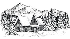 Casa en los mountines del invierno, cubiertos con nieve y rodeados por paisaje idílico de la Navidad del vector del bosque del ab libre illustration Casa en los mountines del invierno, cubiertos con nieve y rodeados por paisaje idílico de la Navidad del vector del bosque del ab libre illustration