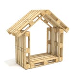 Casa hecha de plataformas euro Vista lateral 3d rinden stock de ilustración Casa hecha de plataformas euro Vista lateral 3d rinden stock de ilustración
